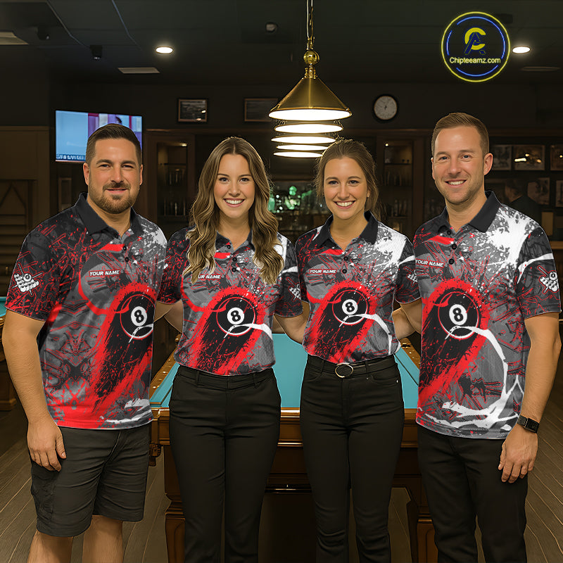 Red Grunge 8 Ball Pool Custom Billiard Shirts For Women, Billiard Team Jerseys Polo 1/4 Zip TDM6073