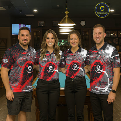 Red Grunge 8 Ball Pool Custom Billiard Shirts For Women, Billiard Team Jerseys Polo 1/4 Zip TDM6073