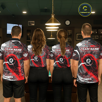 Red Grunge 8 Ball Pool Custom Billiard Shirts For Women, Billiard Team Jerseys Polo 1/4 Zip TDM6073