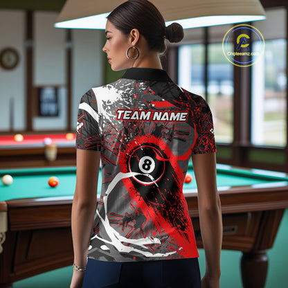 Red Grunge 8 Ball Pool Custom Billiard Shirts For Women, Billiard Team Jerseys Polo 1/4 Zip TDM6073