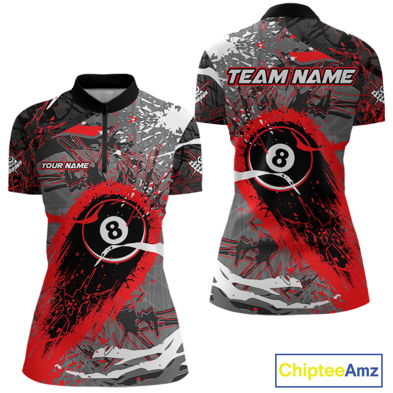 Red Grunge 8 Ball Pool Custom Billiard Shirts For Women, Billiard Team Jerseys Polo 1/4 Zip TDM6073