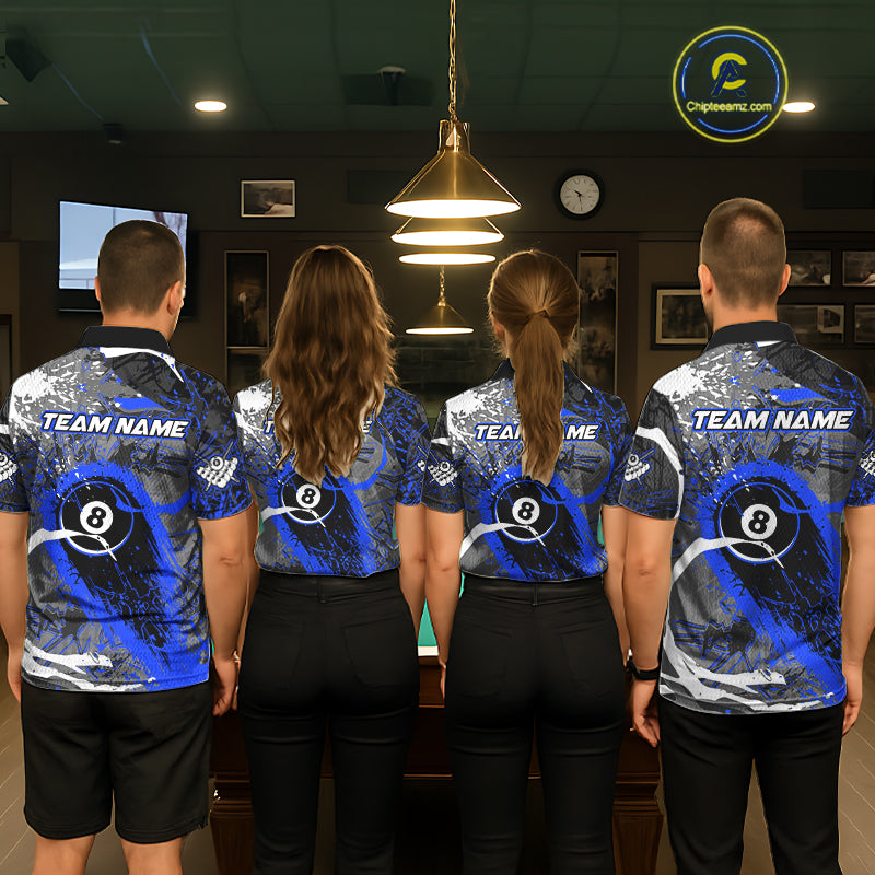 Blue Grunge 8 Ball Pool Custom Billiard Shirts For Women, Billiard Team Jerseys Polo 1/4 Zip TDM6074