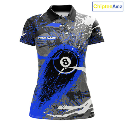Blue Grunge 8 Ball Pool Custom Billiard Shirts For Women, Billiard Team Jerseys Polo 1/4 Zip TDM6074