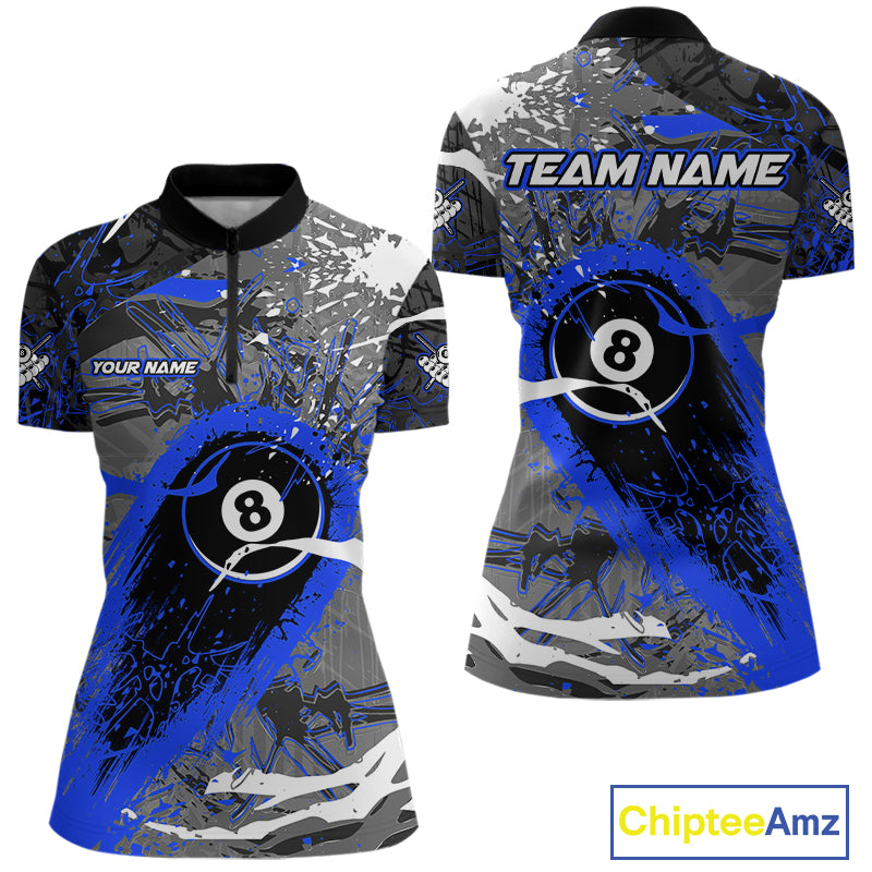 Blue Grunge 8 Ball Pool Custom Billiard Shirts For Women, Billiard Team Jerseys Polo 1/4 Zip TDM6074