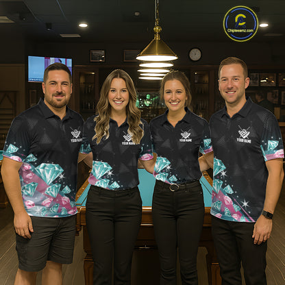 Funny Pink And Turquoise Diamonds Billiard Shirt For Women, 8 Ball Pool Team Jersey Polo & 1/4 Zip TDM6325
