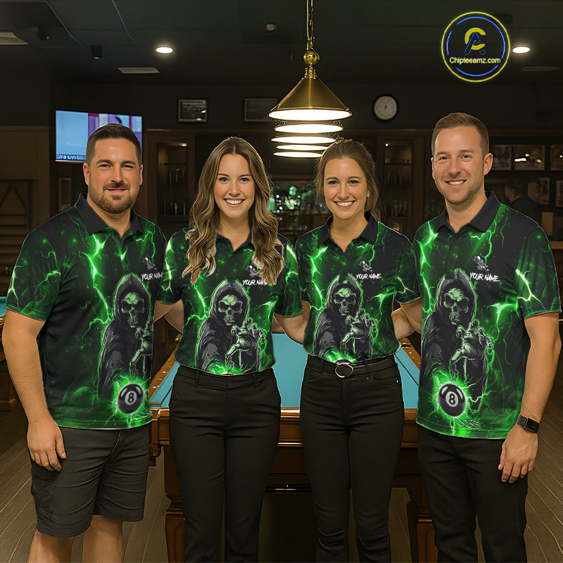 Green Grim Reaper 8 Ball Billiard Shirt For Women Custom Lightning Billiard Team Jersey Polo, 1/4 Zip TDM6326