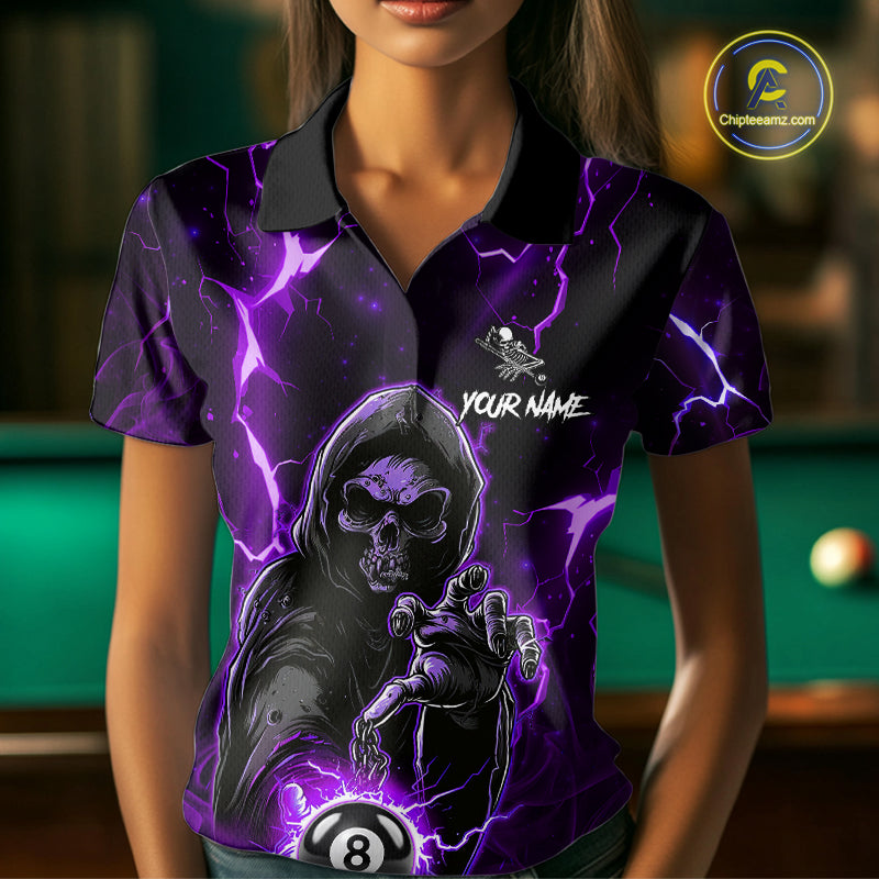 Purple Grim Reaper 8 Ball Billiard Shirt For Women Custom Lightning Pool Team Jersey Polo, 1/4 Zip TDM6328