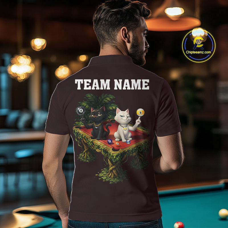 Red Funny Cat 8 Ball & 9 Ball Billiard Shirt For Men Custom Pool Team Jersey Polo & 1/4 Zip TDM7240