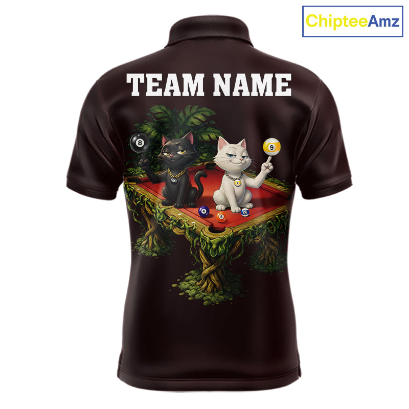 Red Funny Cat 8 Ball & 9 Ball Billiard Shirt For Men Custom Pool Team Jersey Polo & 1/4 Zip TDM7240