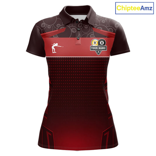 Red Funny Cat 8 Ball & 9 Ball Billiard Shirt For Women Custom Pool Team Jersey Polo & 1/4 Zip TDM7240