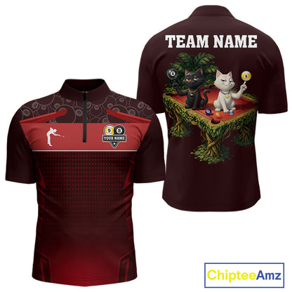 Red Funny Cat 8 Ball & 9 Ball Billiard Shirt For Men Custom Pool Team Jersey Polo & 1/4 Zip TDM7240