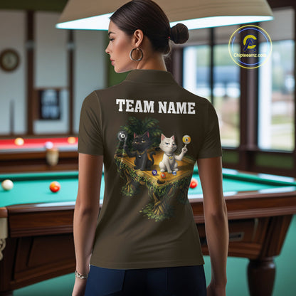 Yellow Funny Cat 8 Ball & 9 Ball Billiard Shirt For Women Custom Pool Team Jersey Polo & 1/4 Zip TDM7241