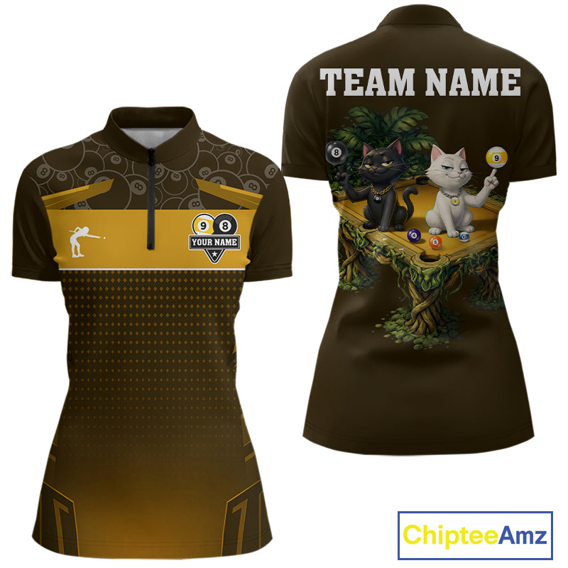 Yellow Funny Cat 8 Ball & 9 Ball Billiard Shirt For Women Custom Pool Team Jersey Polo & 1/4 Zip TDM7241