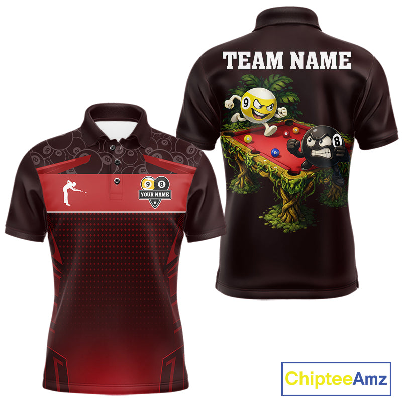 Red Funny Tropical 8 Ball & 9 Ball Billiard Shirt For Men Custom Pool Team Jersey Polo & 1/4 Zip TDM7242