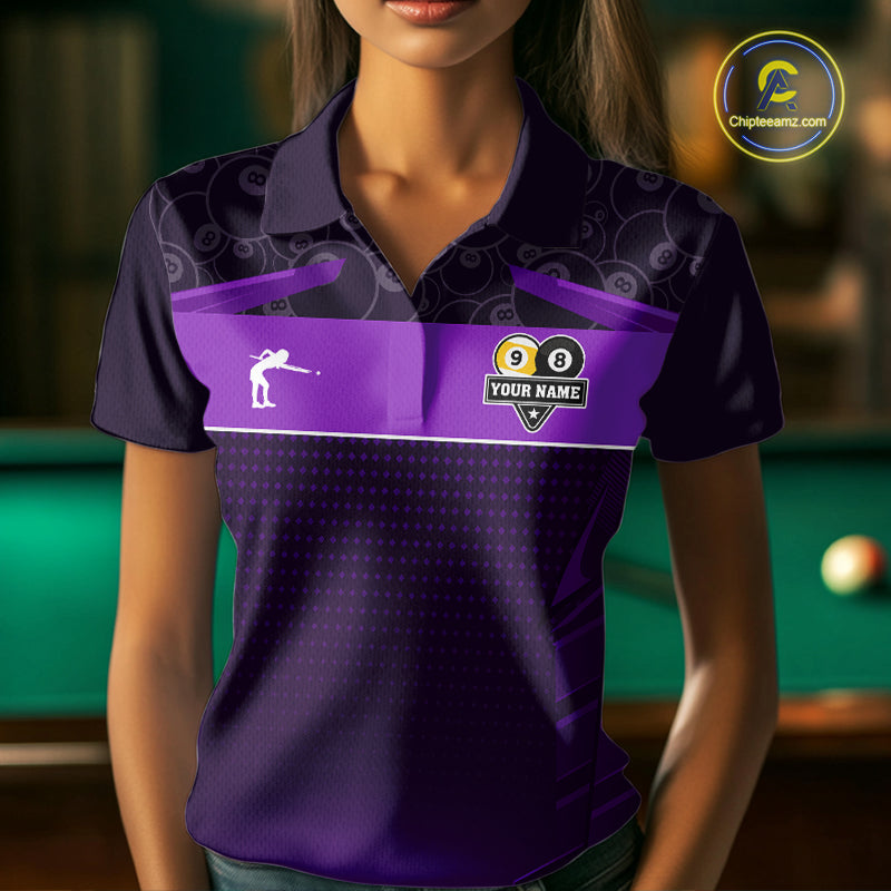 Purple Funny Tropical 8 Ball & 9 Ball Billiard Shirt For Women Custom Pool Team Jersey Polo, 1/4 Zip TDM7243