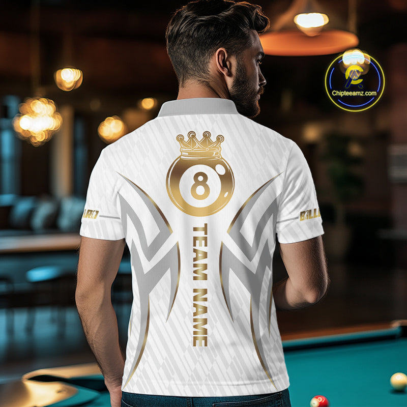 White And Gold Crown 8 Ball Men's Billiards Shirts Custom Billiard Jersey Team Polo & 1/4 Zip TDM5211