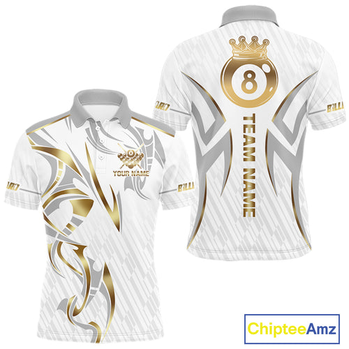 White And Gold Crown 8 Ball Men's Billiards Shirts Custom Billiard Jersey Team Polo & 1/4 Zip TDM5211