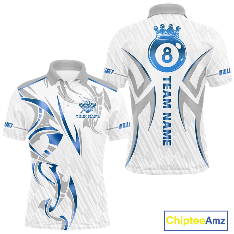 White And Blue Crown 8 Ball Men's Billiards Shirts Custom Billiard Jersey Team Polo & 1/4 Zip TDM5213