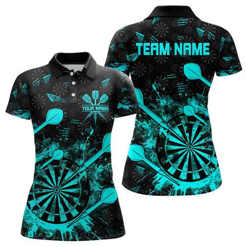 Black And Turquoise Grunge Darts Polo, Quarter Zip For Women Custom Dart Shirts For Team Dart Jerseys TDM3226