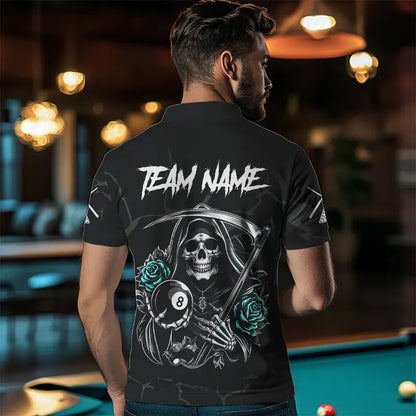 Personalized Funny Turquoise Skull Roses 8 Ball Billiard Shirts For Men Custom Pool Team Shirts TDM3728
