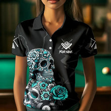 Load image into Gallery viewer, Personalized Funny Turquoise Skull Roses 8 Ball Billiard Shirts For Women Custom Pool Team Shirts TDM3728
