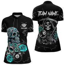 Load image into Gallery viewer, Personalized Funny Turquoise Skull Roses 8 Ball Billiard Shirts For Women Custom Pool Team Shirts TDM3728
