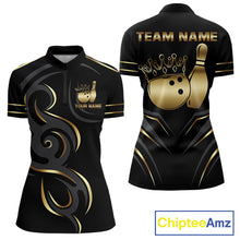 Load image into Gallery viewer, Black and gold crown bowling ball quarter zip shirt for women designed for league tournaments and team events.