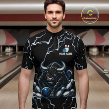 Load image into Gallery viewer, Man wearing a blue bull lightning bowling quarter zip jersey during tournament competition front view.