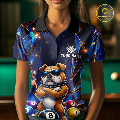 Woman wearing personalized funny crystal bulldog 8 ball pool billiard team jersey polo shirt featuring crystal bulldog and 8 ball artwork, front view.