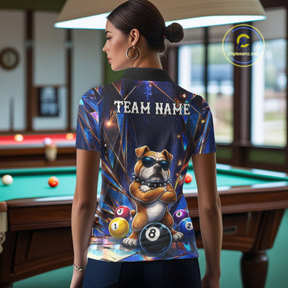 Woman wearing personalized funny crystal bulldog 8 ball pool billiard team jersey polo shirt featuring crystal bulldog and 8 ball artwork, back view.