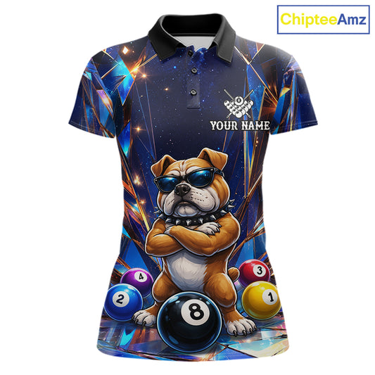 Personalized funny crystal bulldog 8 ball pool billiard team jersey polo shirt for women featuring colorful crystal bulldog artwork, premium custom billiard apparel for league matches and tournament play.