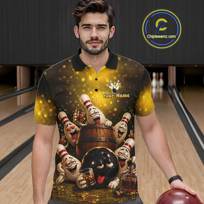 Yellow Funny Drunk Bowling Pins Bourbon Vintage Bowling Shirts For Men Custom Bowling Team Jersey TDM7249