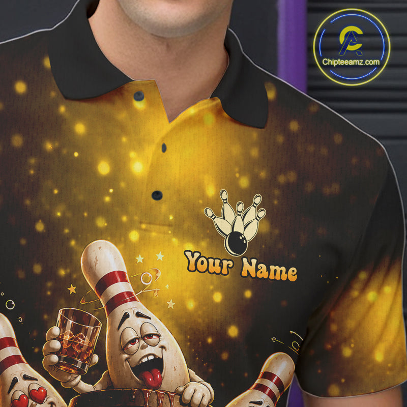 Yellow Funny Drunk Bowling Pins Bourbon Vintage Bowling Shirts For Men Custom Bowling Team Jersey TDM7249