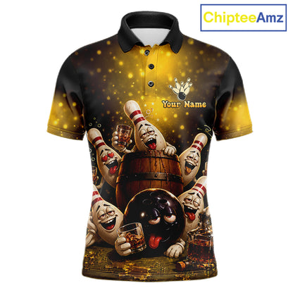 Yellow Funny Drunk Bowling Pins Bourbon Vintage Bowling Shirts For Men Custom Bowling Team Jersey TDM7249