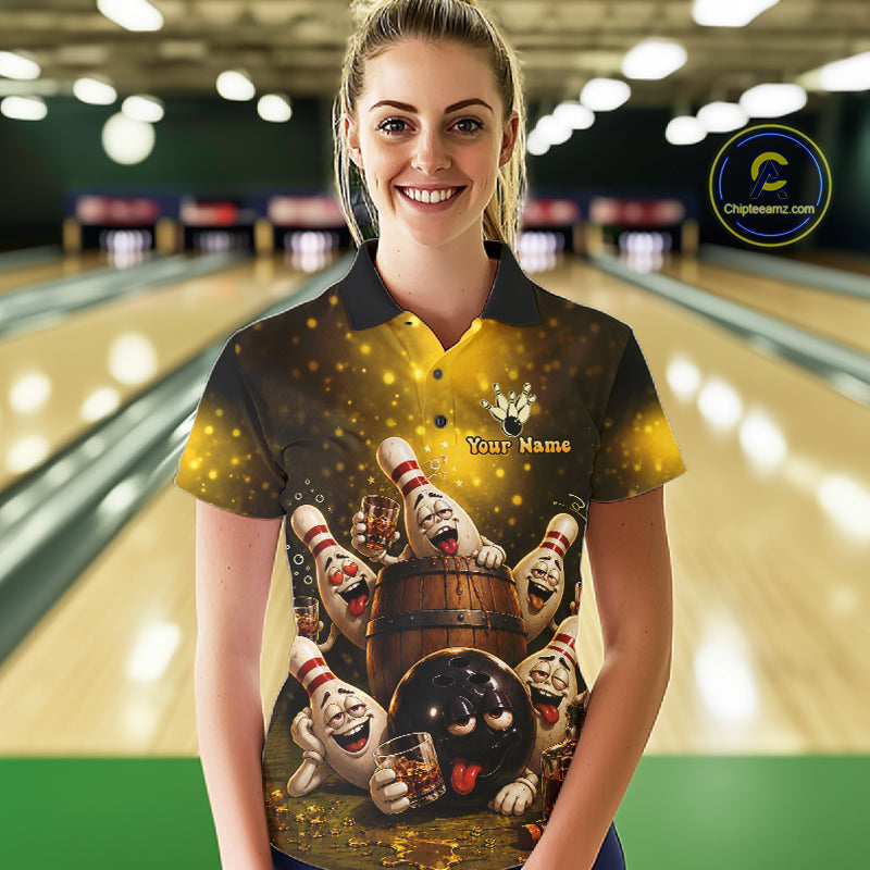 Yellow Funny Drunk Bowling Pins Bourbon Vintage Bowling Shirts For Women Custom Bowling Team Jersey TDM7249