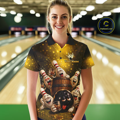 Yellow Funny Drunk Bowling Pins Bourbon Vintage Bowling Shirts For Women Custom Bowling Team Jersey TDM7249