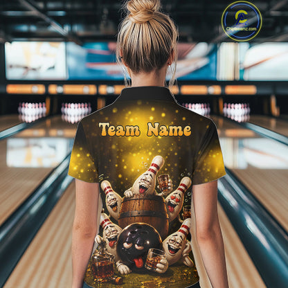 Yellow Funny Drunk Bowling Pins Bourbon Vintage Bowling Shirts For Women Custom Bowling Team Jersey TDM7249