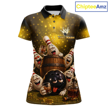 Yellow Funny Drunk Bowling Pins Bourbon Vintage Bowling Shirts For Women Custom Bowling Team Jersey TDM7249