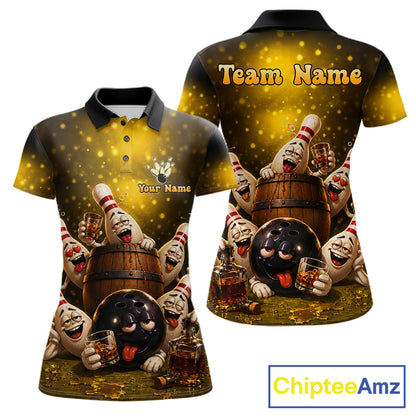 Yellow Funny Drunk Bowling Pins Bourbon Vintage Bowling Shirts For Women Custom Bowling Team Jersey TDM7249