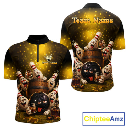 Yellow Funny Drunk Bowling Pins Bourbon Vintage Bowling Shirts For Men Custom Bowling Team Jersey TDM7249