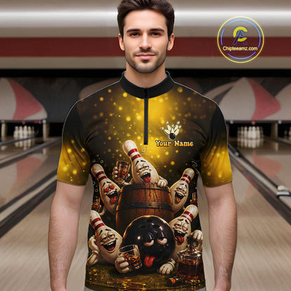 Yellow Funny Drunk Bowling Pins Bourbon Vintage Bowling Shirts For Men Custom Bowling Team Jersey TDM7249