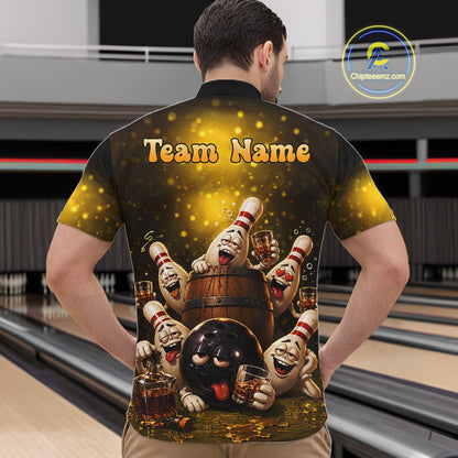 Yellow Funny Drunk Bowling Pins Bourbon Vintage Bowling Shirts For Men Custom Bowling Team Jersey TDM7249