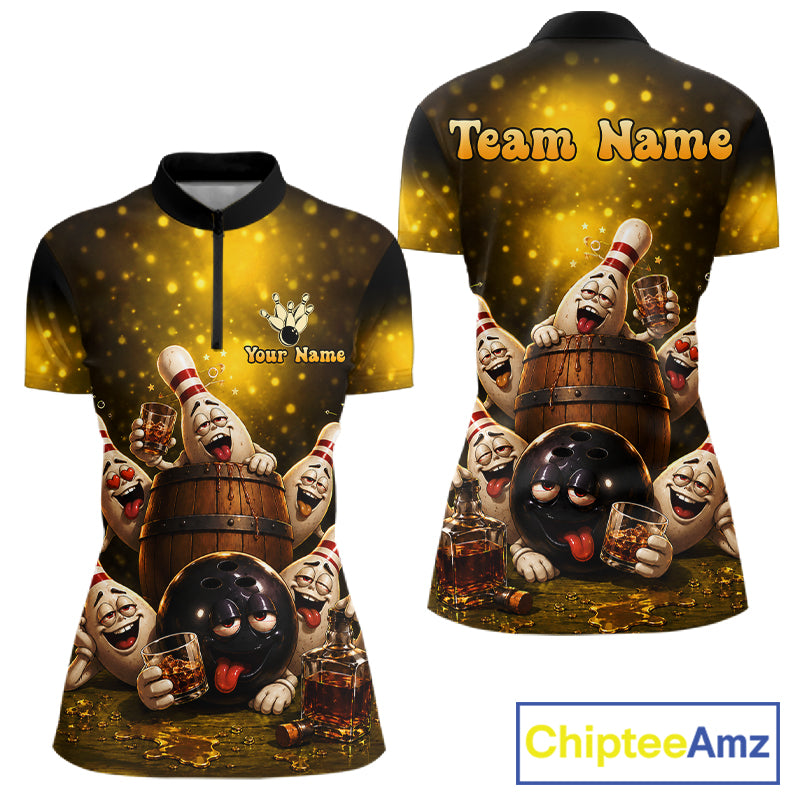 Yellow Funny Drunk Bowling Pins Bourbon Vintage Bowling Shirts For Women Custom Bowling Team Jersey TDM7249