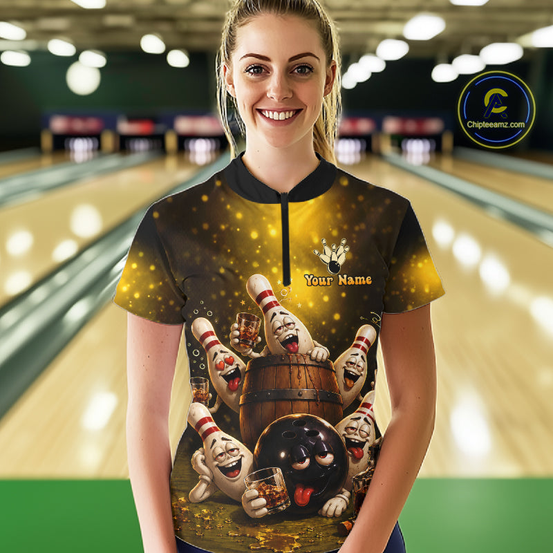 Yellow Funny Drunk Bowling Pins Bourbon Vintage Bowling Shirts For Women Custom Bowling Team Jersey TDM7249