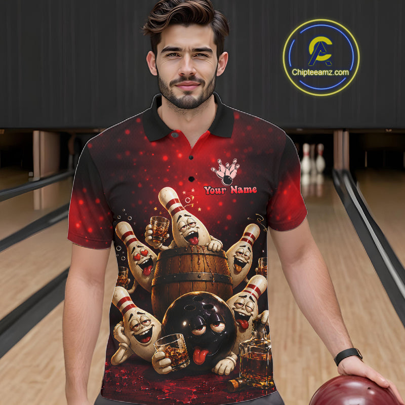 Red Funny Drunk Bowling Pins Bourbon Vintage Bowling Shirts For Men Custom Bowling Team Jersey TDM7250