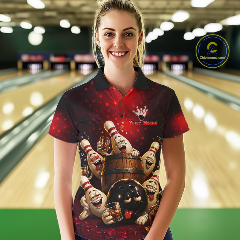 Red Funny Drunk Bowling Pins Bourbon Vintage Bowling Shirts For Women Custom Bowling Team Jersey TDM7250