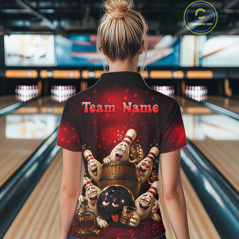 Red Funny Drunk Bowling Pins Bourbon Vintage Bowling Shirts For Women Custom Bowling Team Jersey TDM7250