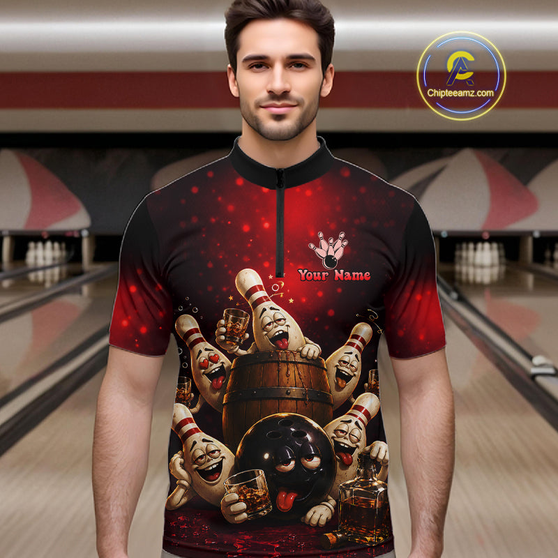 Red Funny Drunk Bowling Pins Bourbon Vintage Bowling Shirts For Men Custom Bowling Team Jersey TDM7250