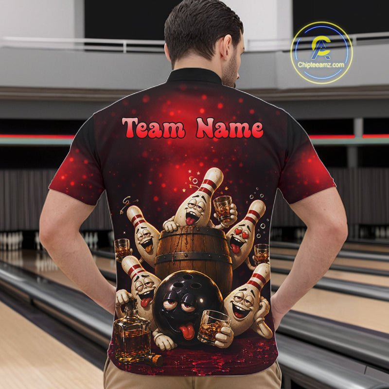 Red Funny Drunk Bowling Pins Bourbon Vintage Bowling Shirts For Men Custom Bowling Team Jersey TDM7250