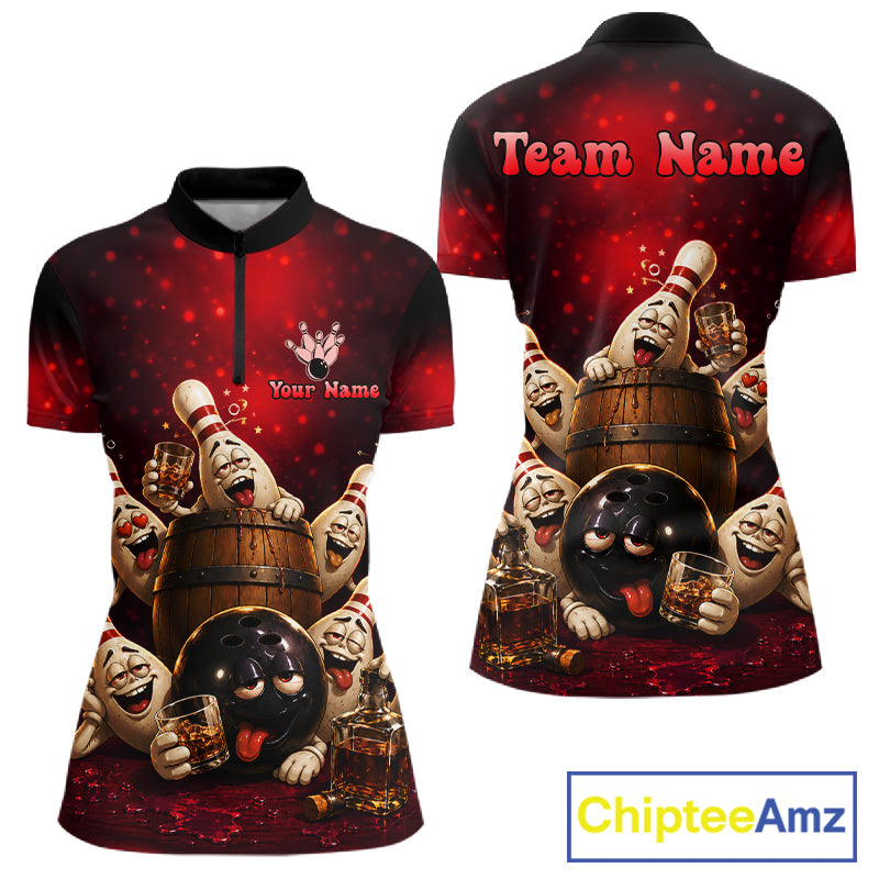 Red Funny Drunk Bowling Pins Bourbon Vintage Bowling Shirts For Women Custom Bowling Team Jersey TDM7250